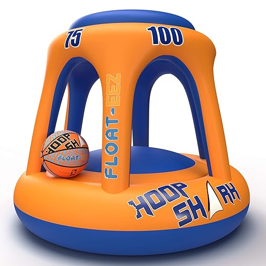 Swimming Pool Basketball Hoop Set by Hoop Shark - Orange/Blue - Inflatable Hoop with Ball - Perfect for Competitive Water Play and Trick Shots - Ultimate Summer Toy