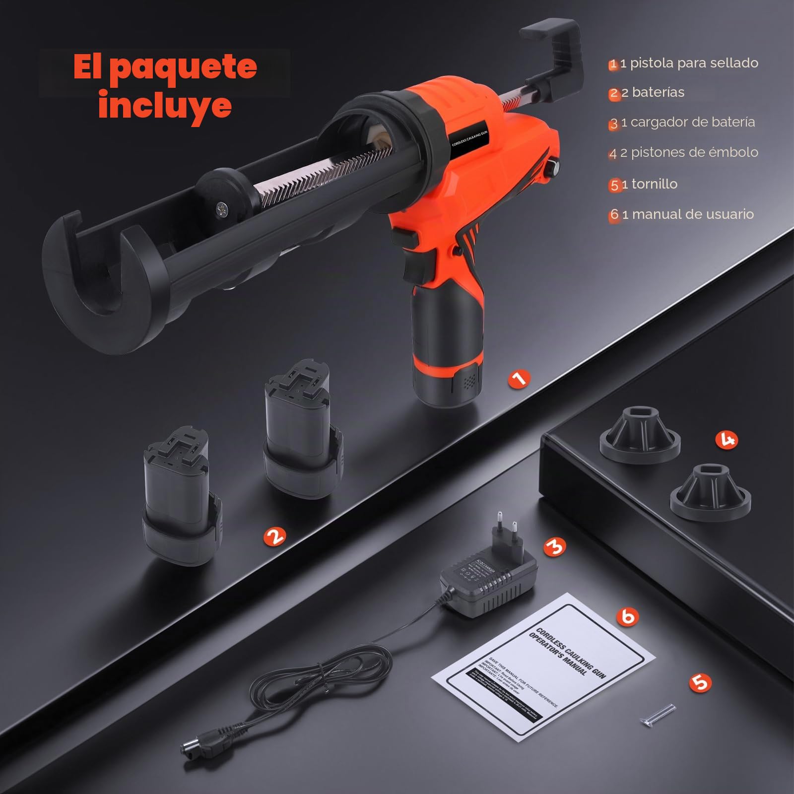 Pistola eléctrica de cartuchos con batería, pistola de cartuchos de 12V con 2 baterías, luz LED y 6 velocidades ajustables, pistola eléctrica de cartuchos de 300ml para sellado y masilla