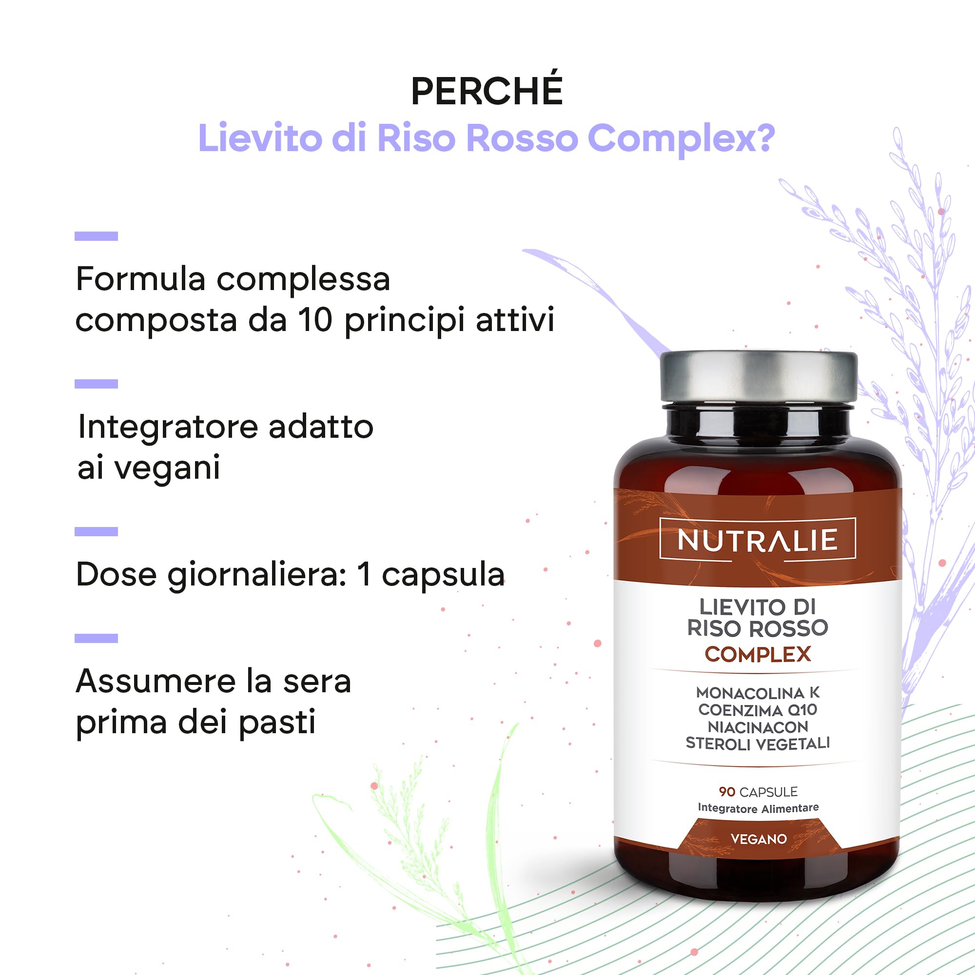 Riso Rosso Fermentato 2,9mg Monacolina K + Q10 + Vit C E - Lievito di Riso Rosso Fermentato - Red Yeast Rice 90 Capsule Veganes Nutralie