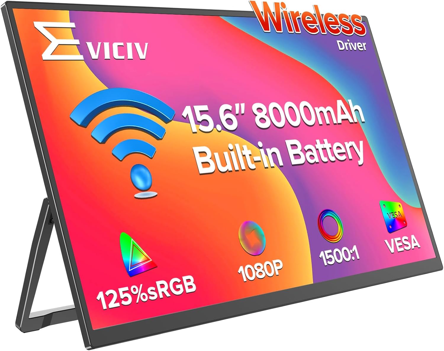 Wireless Portable Monitor with 8000mAh Battery, 15.6" Wireless Monitor, Support AirPlay, Miracast Laptop Display, USB-C & MINI HDMI & VESA, Travel Second Screen for Laptop, Computer, Game Consoles