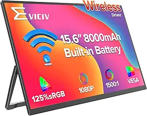 EVICIV Wireless Portable Monitor with 8000mAh Battery, 15.6" Wireless Monitor, Support AirPlay, Miracast Laptop Display, USB-C & HDMI & VESA, Travel Second Screen for Laptop, Computer, Game Consoles