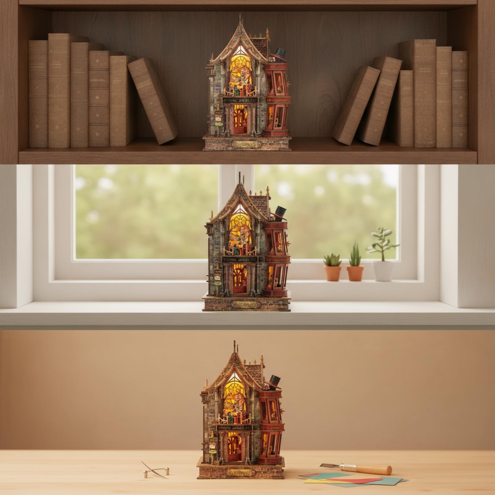 Casa en Miniatura con Luces Maqueta Kit Ornamento Madera Decorativo y Base Estable Adecuada para Escritorio Estantería Rincón de Lectura