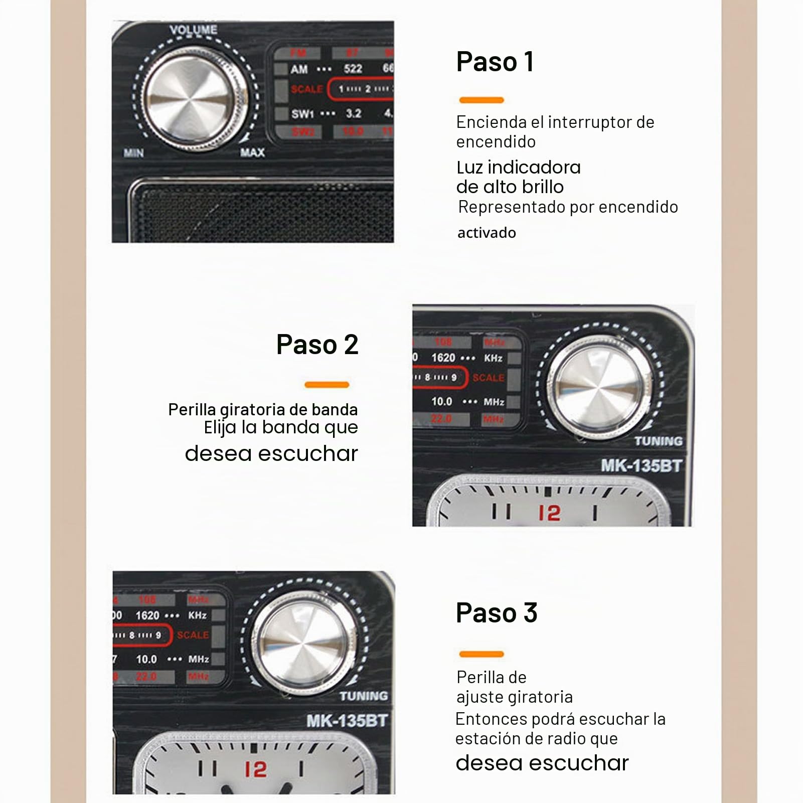Altavoz Bluetooth Radio Estilo Retro, Radio Portátil Am FM SW, Radio de Sintonización Manual Inalámbrica con 3 Modos de Fuente de Alimentación, Reloj para el Hogar (Enchufe de la