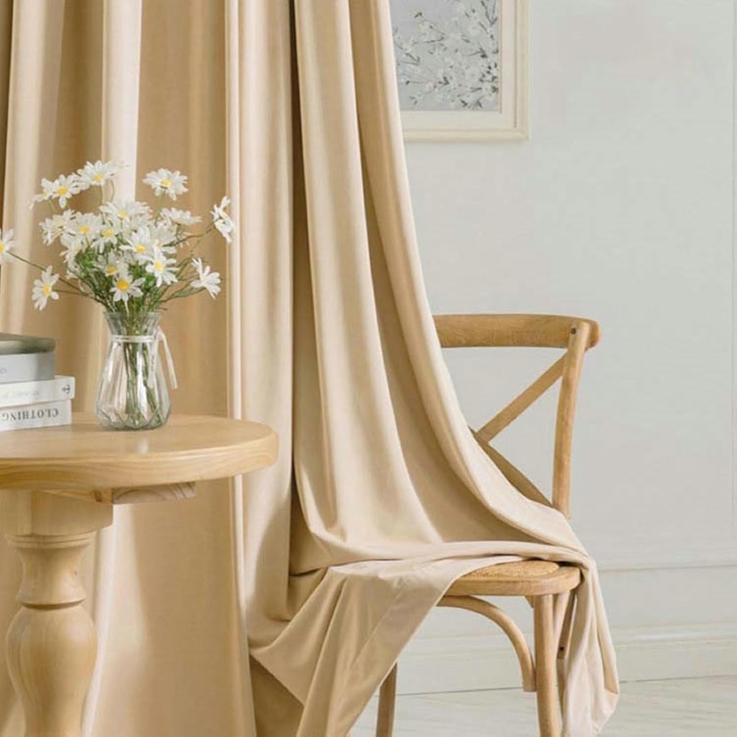 Daesar Bedroom Curtains Blackout 2 Panels Set, Polyester Hook Window Treatment Curtains 52" W x 96" H Drapes Velvet Solid Color Beige Yellow Blackout Curtains for Living Room