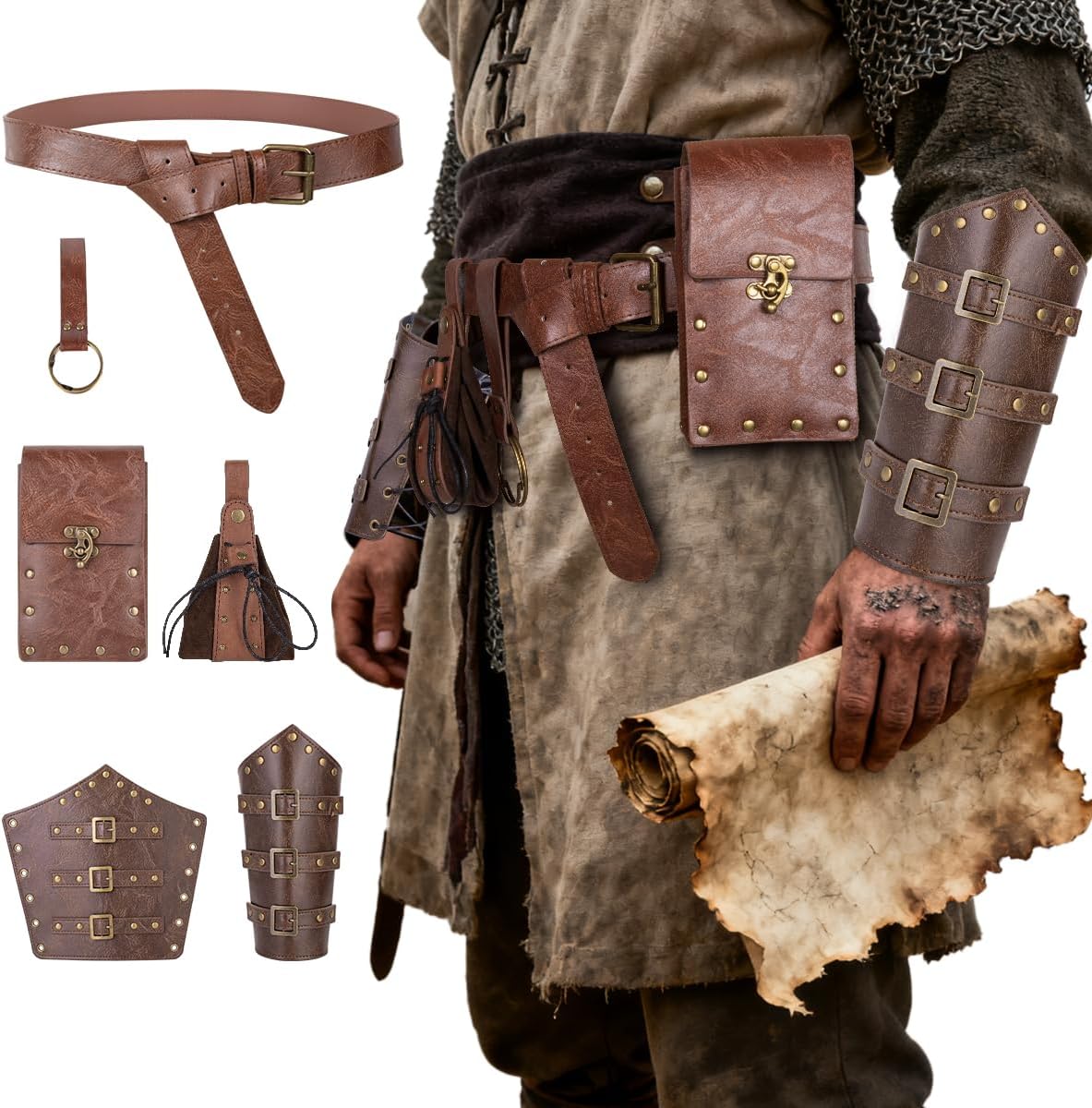 Medieval Renaissance LARP Belt Leather Belt Bag Potion Bottle Holder and Adjustable Arm Guards for Cosplay Halloween - Image 5