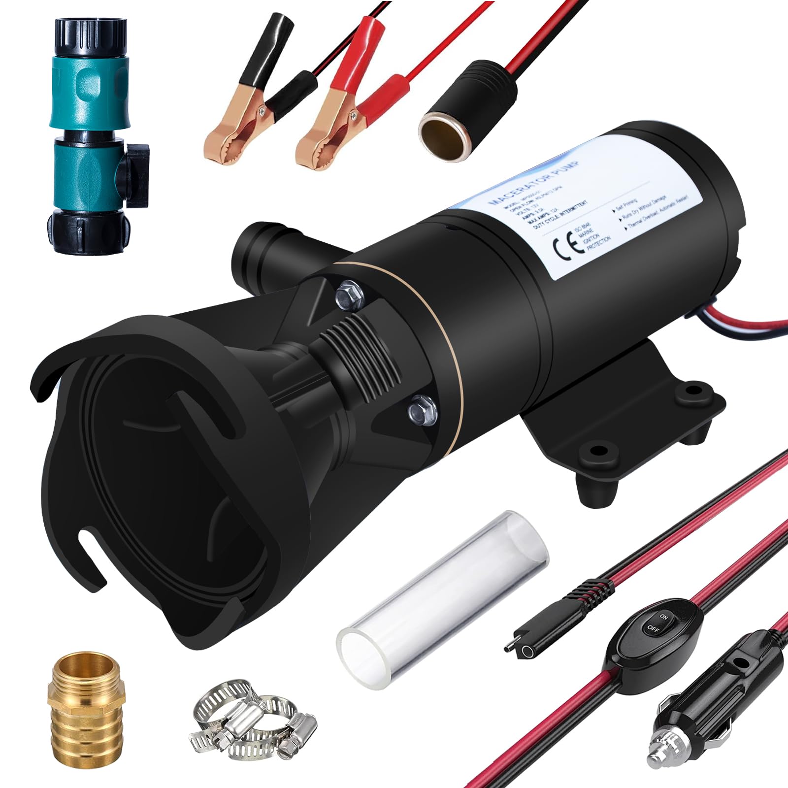 ECO-WORTHYRV Macerator Pump 12V 12GPM Quick Release RV Water Waste Pump with Garden Hose Discharge Port, Self-Priming Macerator Sewage Pump for RV Camper Portable