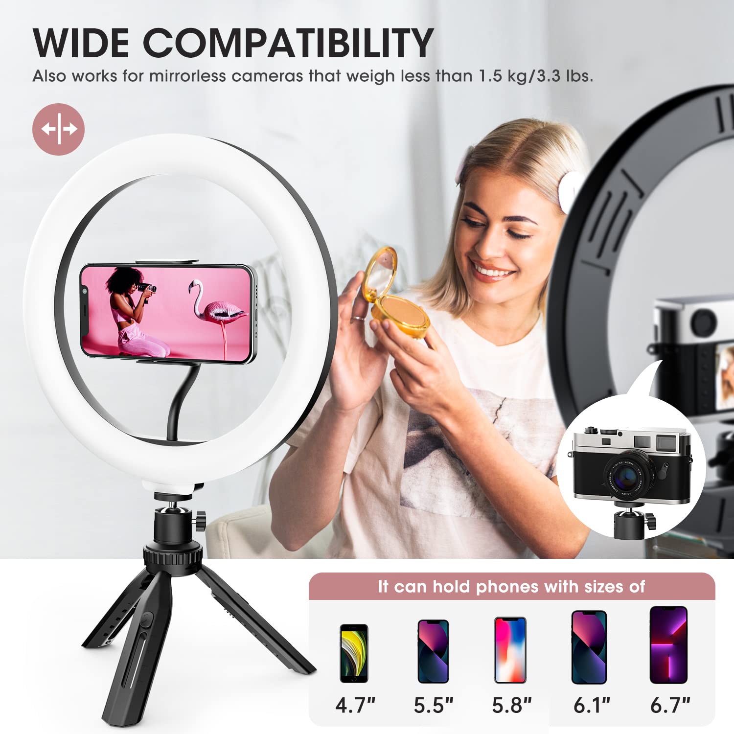 RealPlus 10" Selfie Ring Light, Luce ad Anello per Telefono, 120 LED, 3 Modalità di Illuminazione, Ricaricabile a Clip