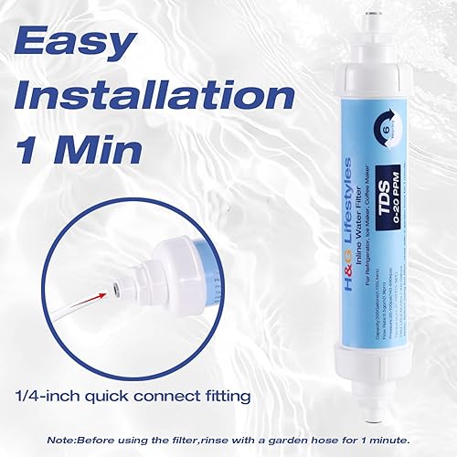 Miniatura 6 de H&G Lifestyles Reemplazo del filtro de agua para refrigerador, filtro de agua en línea 0 TDS, reduce el TDS a 0-20 PPM, elimina el olor de cloro de