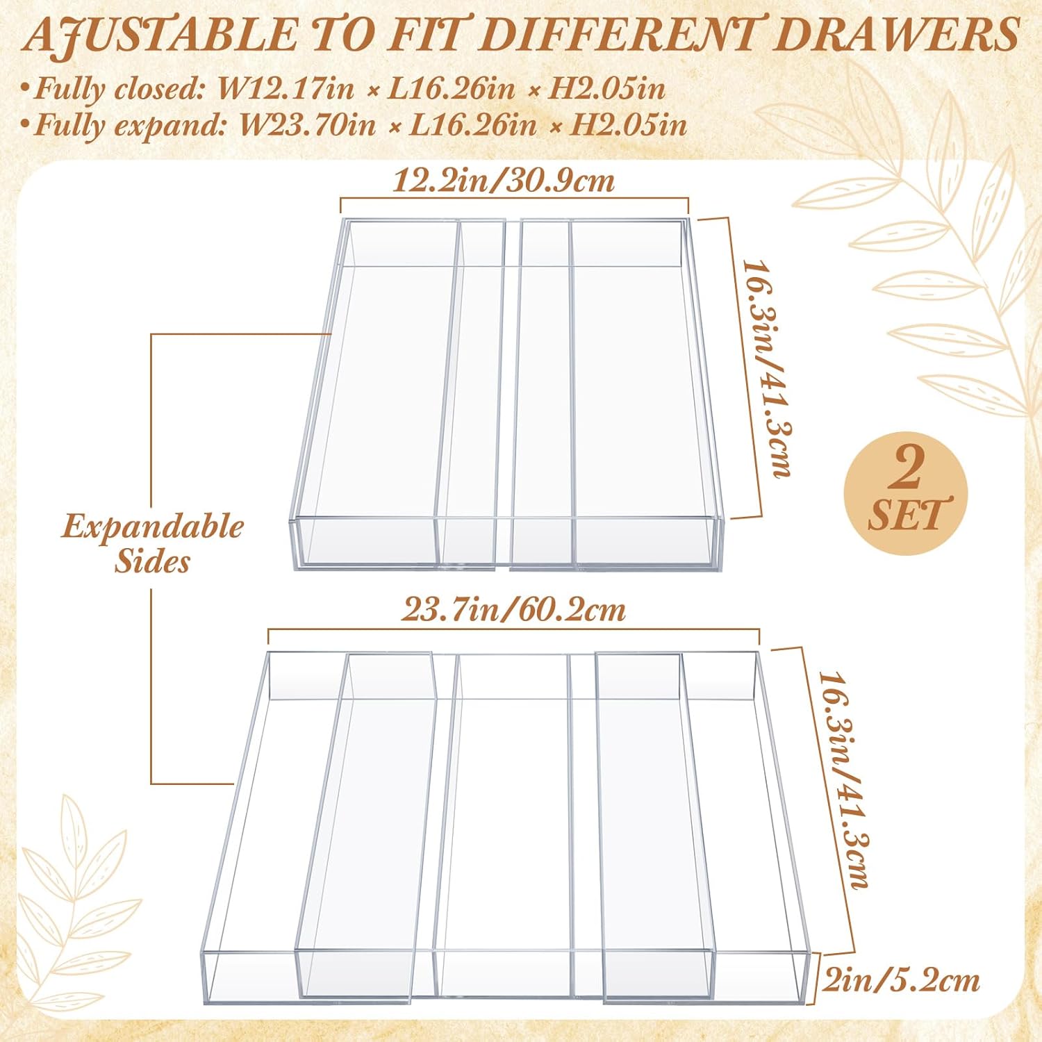 2 Packs Expandable Kitchen Drawer Organizer Clear Acrylic Utensil Organizer Adjustable Acrylic Silverware Storage for Drawers Silverware Flatware Knives (12 x 16 Inches,3-5 Compartments)