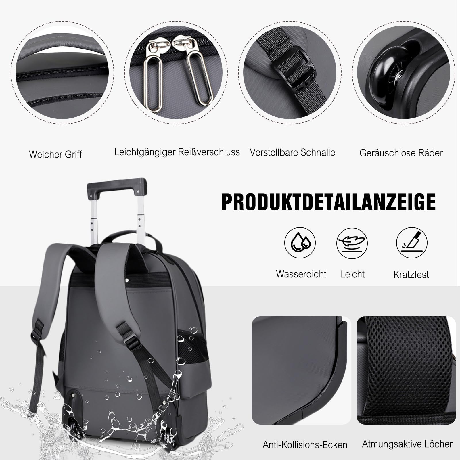 FANDARE 2 in 1 Business Trolley Rucksack Reiserucksack mit schnell laufenden Rollen Herren Laptop-Trolley Handgepäck Koffer Rolling Notebook bis 15.6 Zoll Reisetasche Arbeit Reisekoffer Aaktenkoffer
