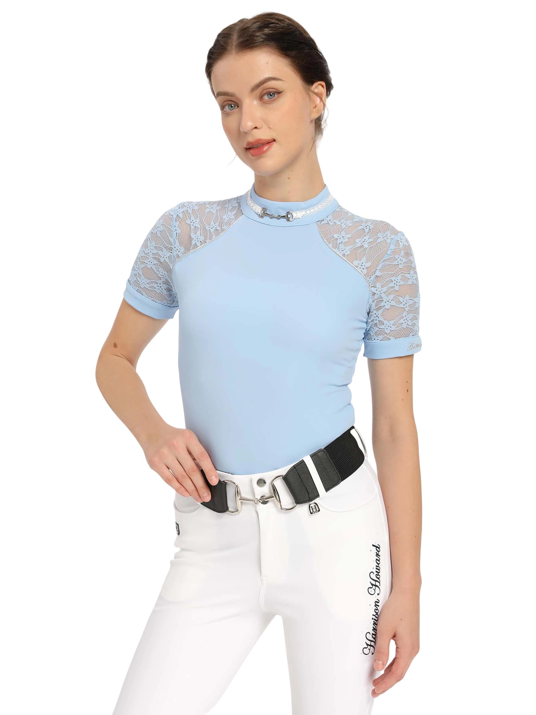 Harrison Howard Damen Slim Fit Show Shirt mit Spitzenärmeln und ikonischem Bit Atmungsaktiv Bequem Reiter Top