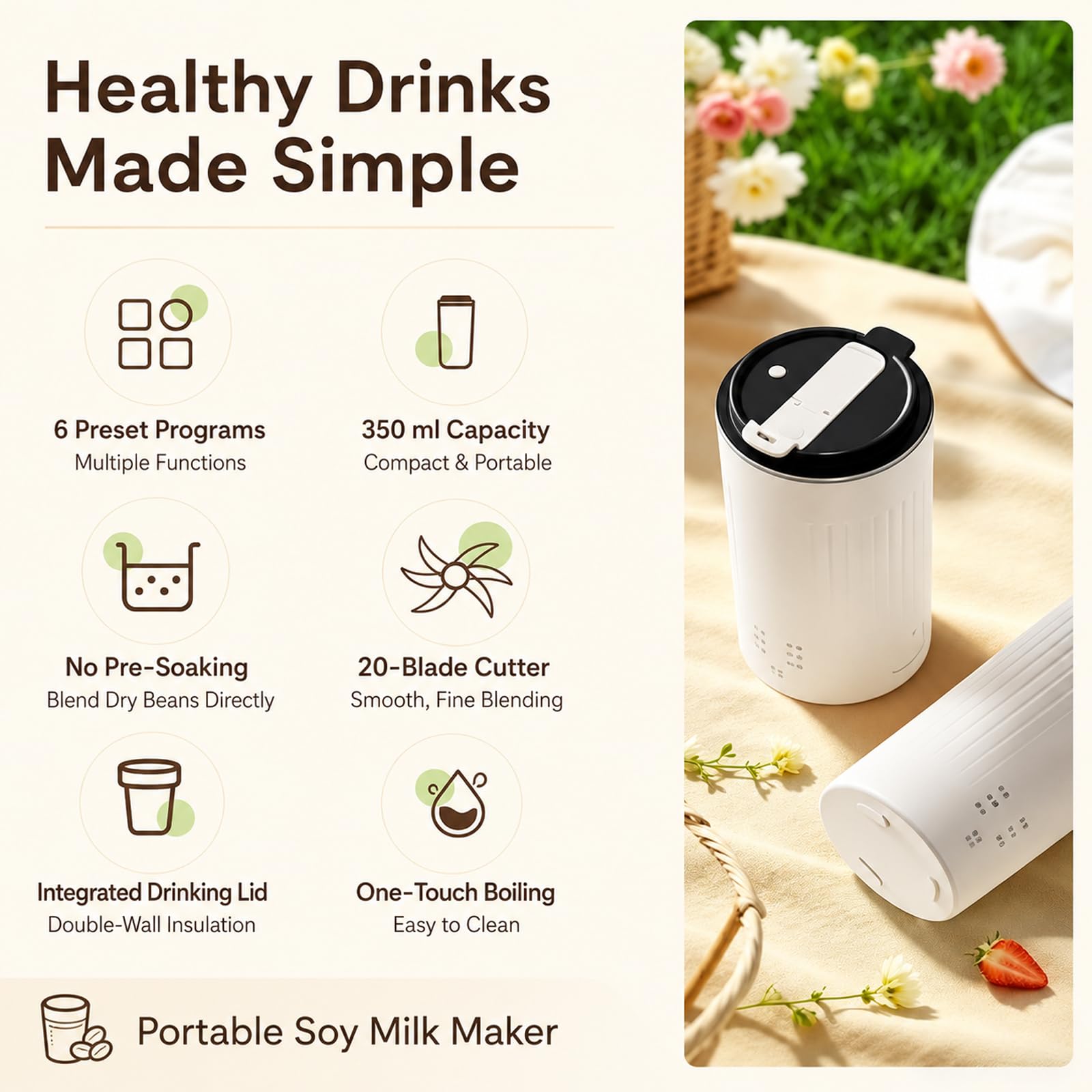 Macchina per Latte di Soia Portatile 350 ml, Modello Automatico 6-in-1 | 20 Lame in Acciaio Inox, Programmi Caldi e Freddi, Pulizia con Un Tocco e Design Senza Filtro per Casa, Lavoro e Viaggi