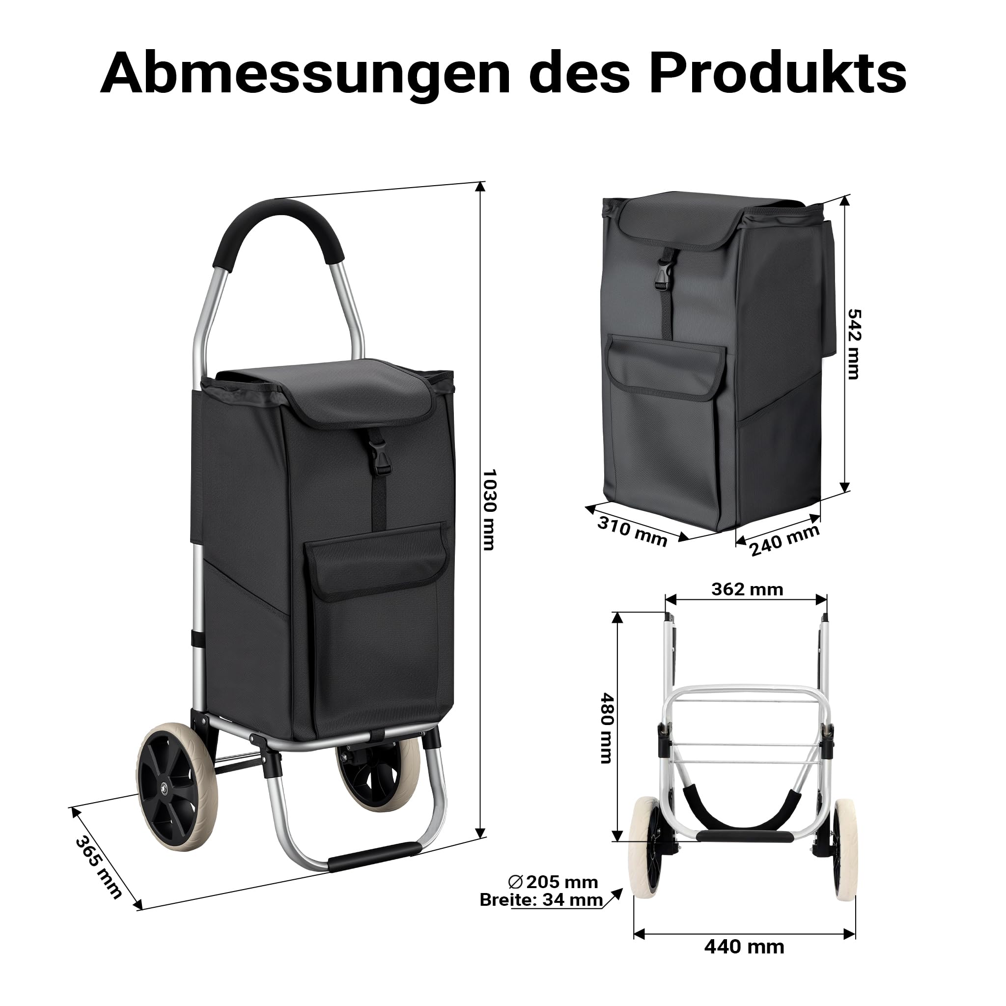 Wiltec Einkaufstrolley klappbar 36,5 x 44 x 103 cm bis 40 kg, Hackenporsche mit Zwei Rädern, Faltbarer Trolly Einkaufswagen mit Handgriff, Shopping Trolley mit großer Einkaufstasche