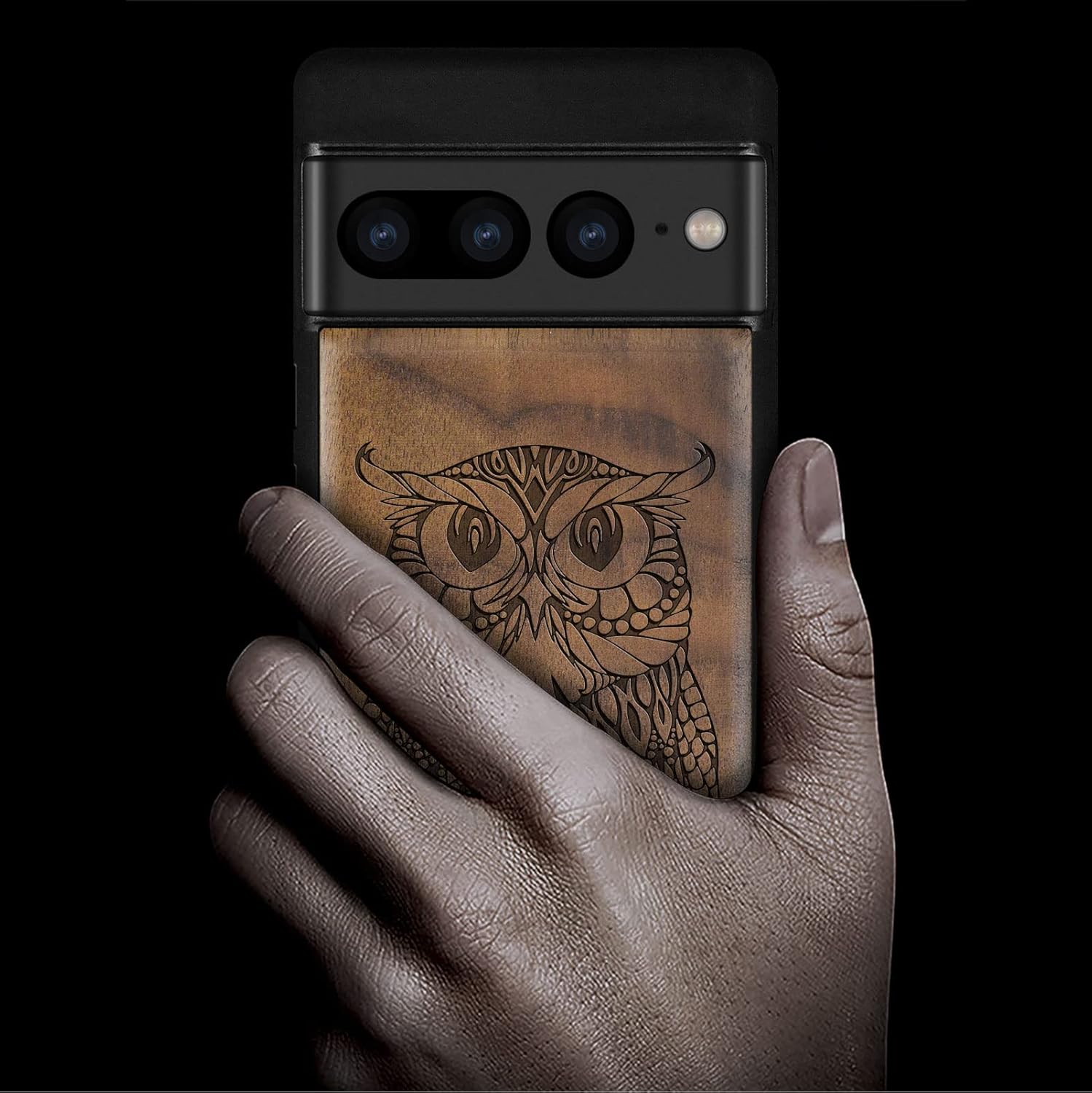 Carveit Wood Case for Pixel 7 Pro Case [Natural Wood & Black Soft TPU] Shockproof Protective Unique & Classy Wooden Cover Compatible with Google Pixel 7 Pro (Mandala Owl-Walnut)