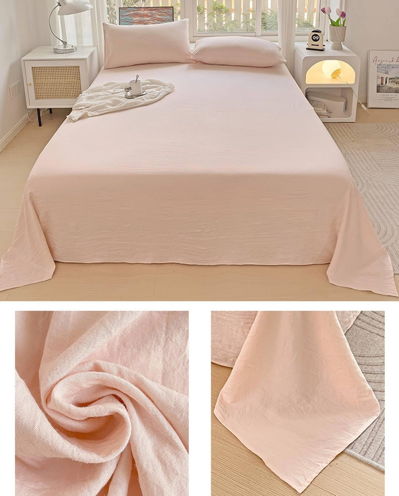 Juego de sábanas, sábanas para mujer, color rosa claro, color liso, algodón lavado, 91 x 79 pulgadas