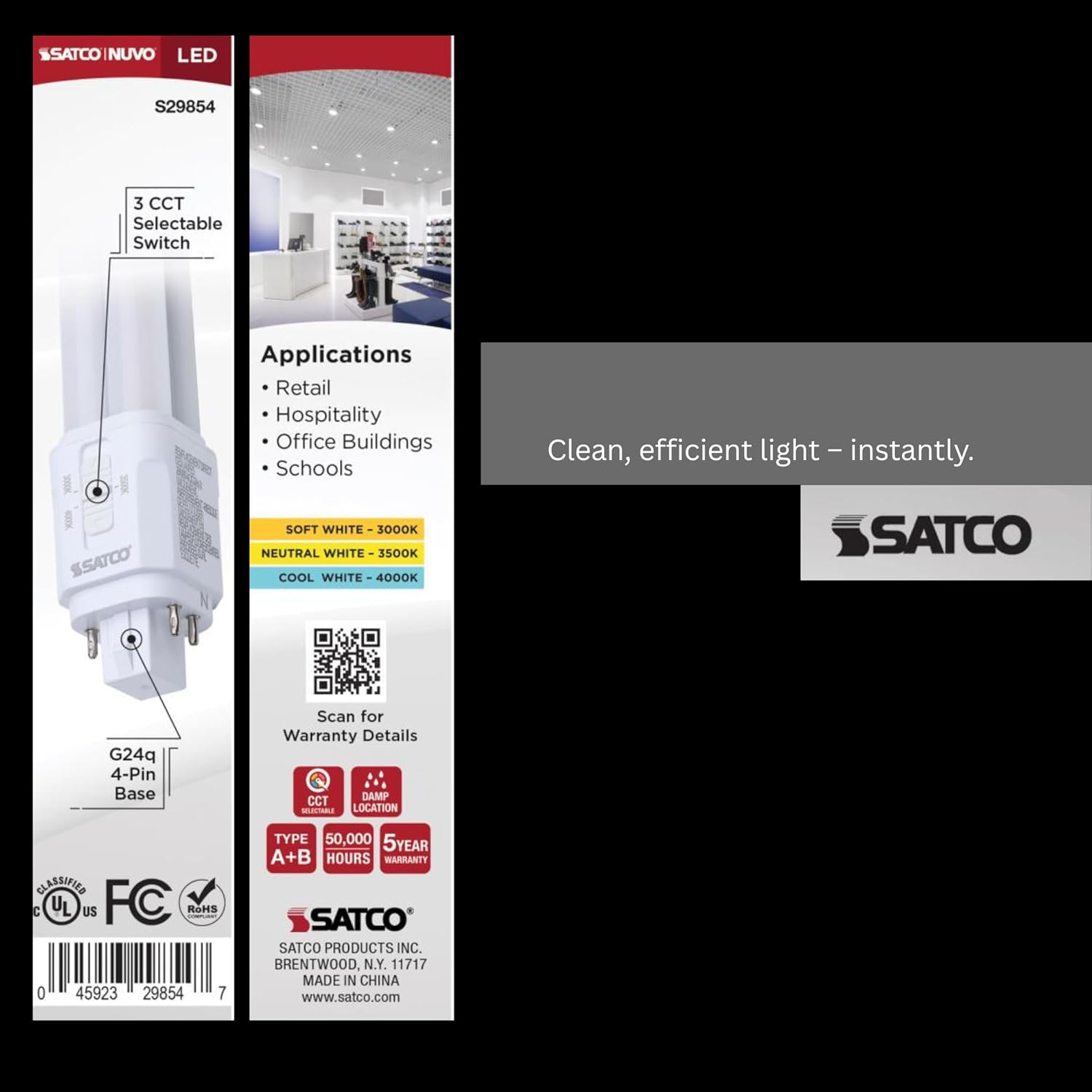 Satco LED PL Lamp 9.5W 18W/26W/32W Equivalent 3000K/3500K/4000K CCT Selectable G24q 4-Pin Base Type A/B Dual Mode 120-277V – Part S29854 (2 Pack)