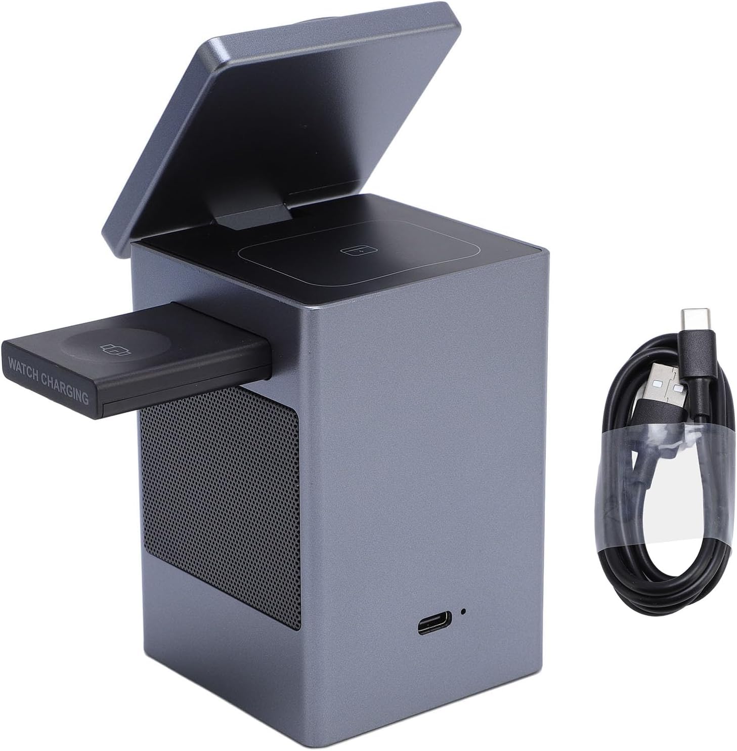 Station de Charge sans Fil 6 en 1 avec Haut-Parleur Bluetooth/Réveil/écran à Pixels, Support de Charge Magnétique à Rotation 360° pour iOS/Androïde Téléphone, Montre, Arbuds