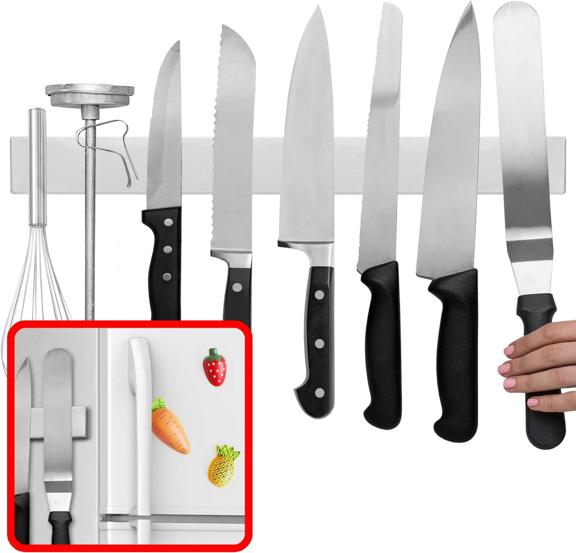 Modern Innovations 16 Inch Magnetic Knife Holder for Refrigerator, Magnetic Knife Holders for Fridge or Kitchen Wall No Drilling, Magnet Strips for Knives & Metal Utensils, Tool Rack, Stainless Steel