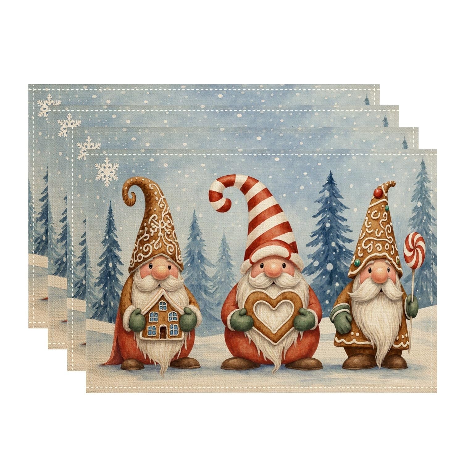 Christmas Gnome Placemats, Fanciful Vintage Holiday Place Mats for Dining Table, Festive Non-Slip Washable Indoor Outdoor Kitchen Party Decorative Placemat Set of 4
