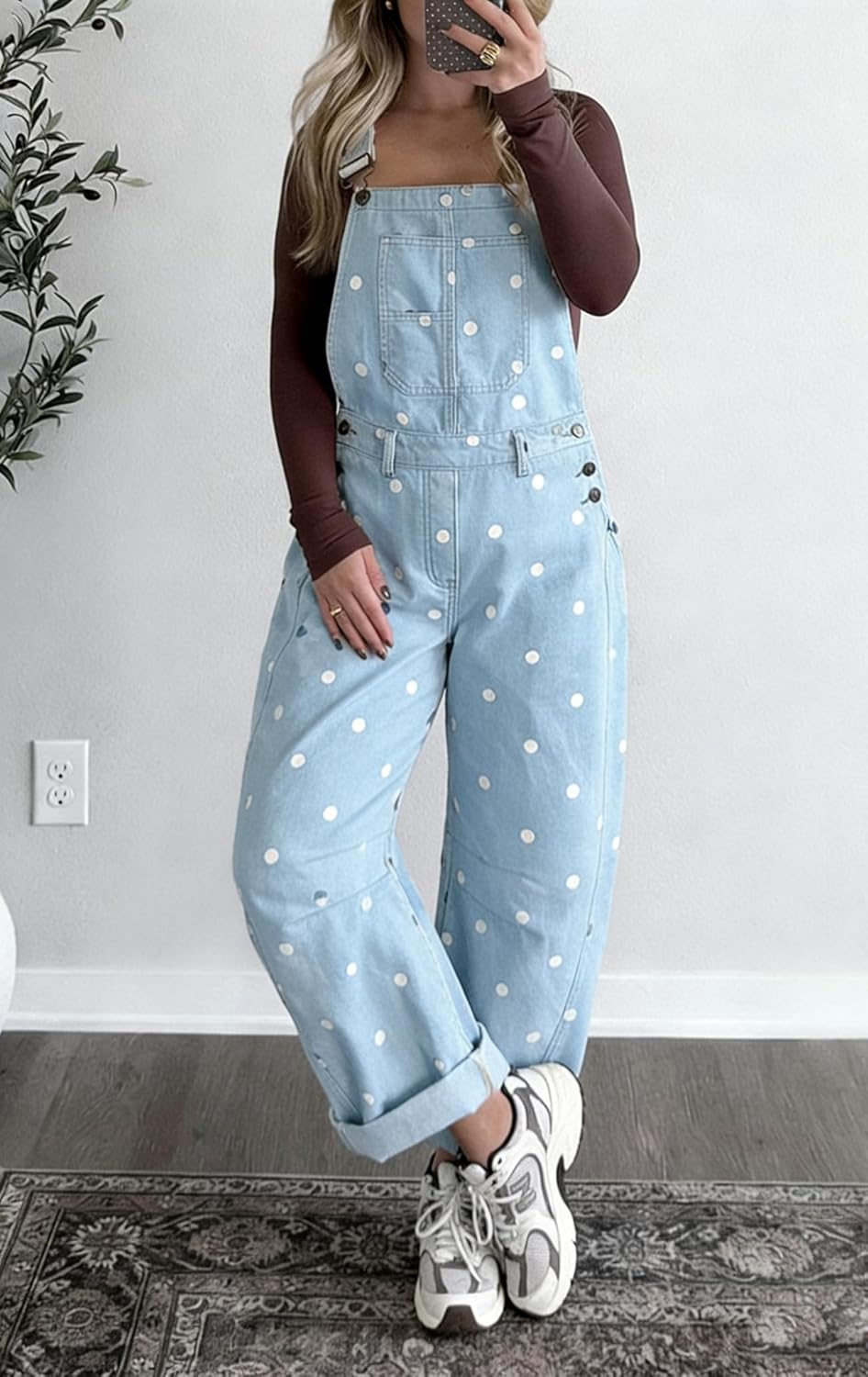 chouyatou Women Y2K Polka Dot Denim Bib Overalls Wide Leg Boyfriend Baggy Barrel Jeans Overalls Jumpsuits