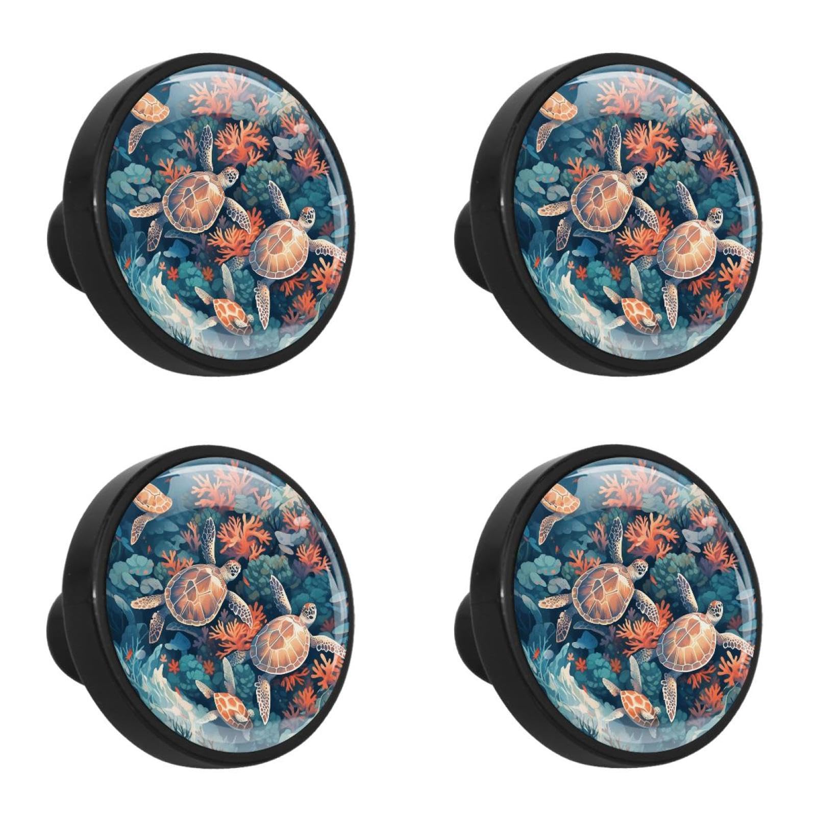 NUEAHEDN 4 Pieces Dresser Knobs for Drawer Marine Coral Turtle Kitchen Cabinet Knobs Round Door Pull Handle for Home Nursery Furniture Cupboard