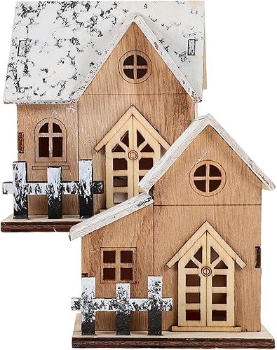 Miniatura 9 de Uonlytech 2 casas de Navidad iluminadas de madera, casa de Navidad de madera, iluminada por LED, edificios coleccionables para Navidad, invierno,