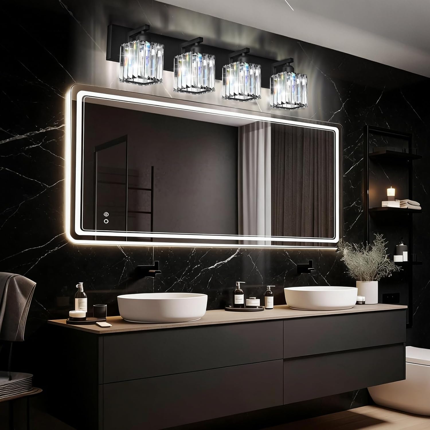 Black Crystal Bathroom Vanity Light, 4-Light Modern Bathroom Lighting Fixtures Over Mirror, Matte Black Wall Sconce Light Fixtures with Square Shade