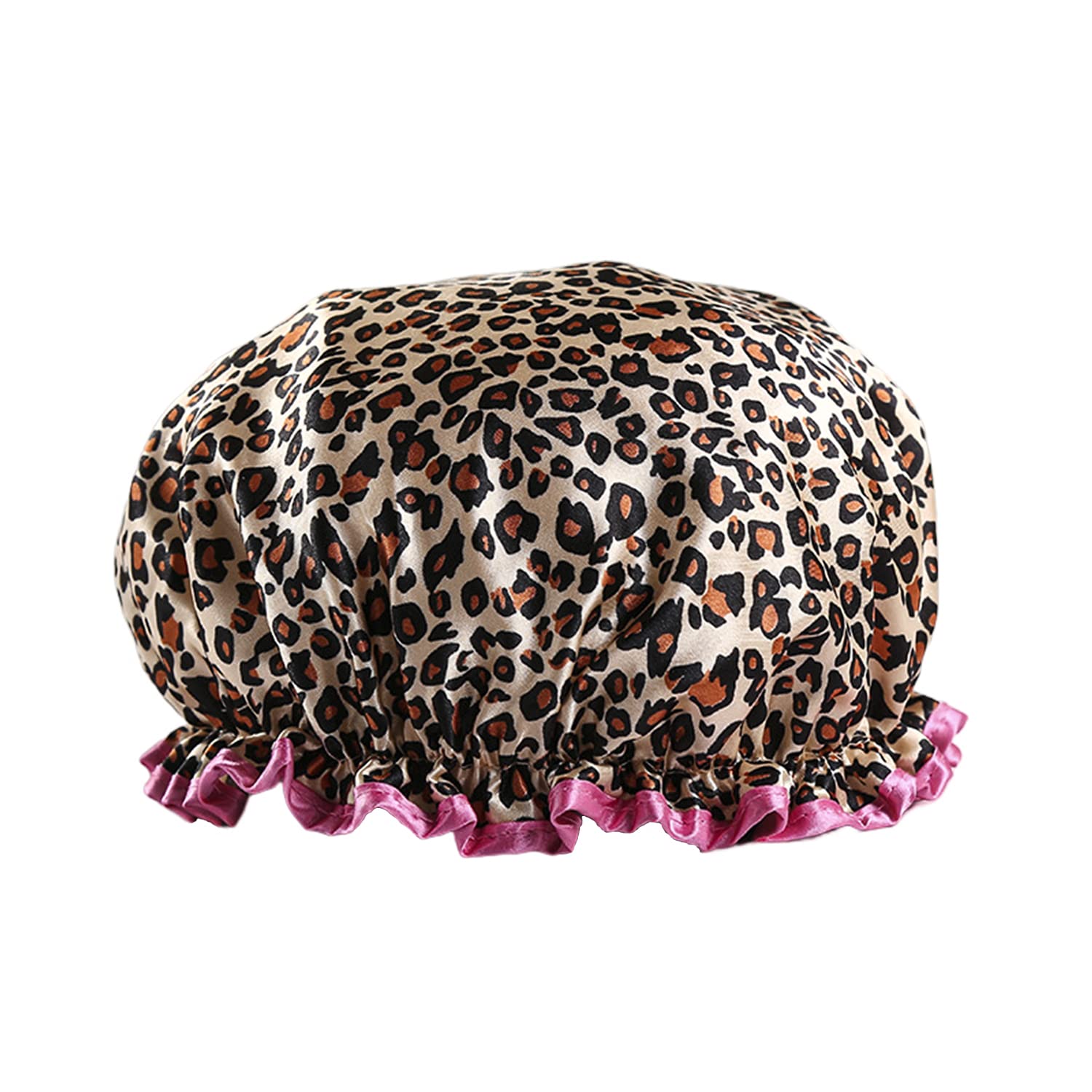 Reusable Waterproof Shower Cap - Double Thick, Leopard Red Border - Ideal for Bath & Shower - (1 Piece)