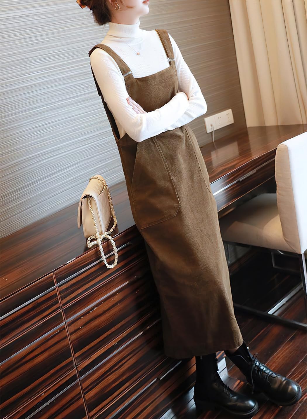 chouyatou Womens Cute Corduroy Adjustable Strap Overall Dress fringe Pinafore Baggy Maxi Long Tank Dress - Image 4