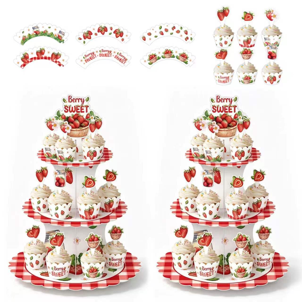 KINMRIS 2 Pack 3-Tier Cardboard Cupcake Stand, Round Cake Stand, Dessert Holder, Reusable Serving Tray Pastry Display Tower for Afternoon Tea, Birthday, Food Display, Parties, Bakery (Strawberry A)