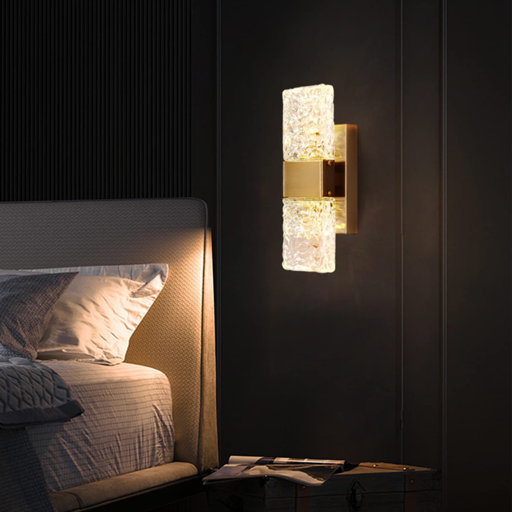 Apliques de pared 5W d | Lámpara de pared moderna de cristal con pantalla rectangular de vidrio con patrón de agua | Lámpara de vanidad para baño | Luminaria de decoración de(Luz neutral)