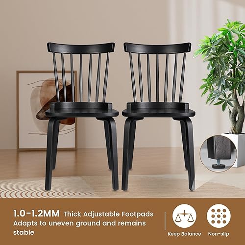 Miniatura 5 de Juego de 2 sillas de comedor de madera con respaldo de eje de granja, asiento ancho, estilo rústico moderno de mediados de siglo, color negro