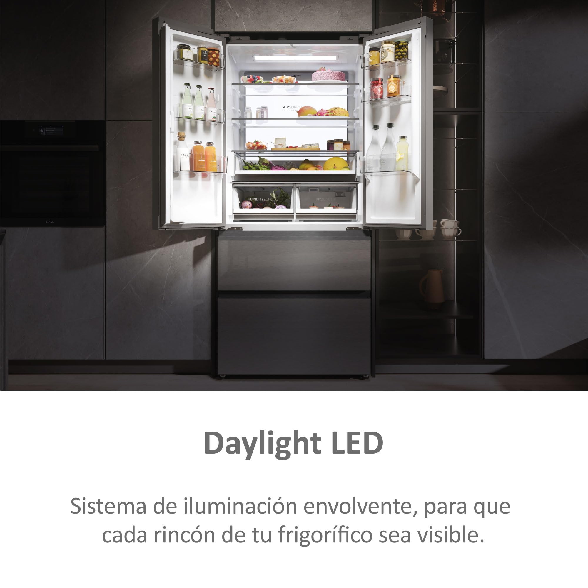 Haier FD 83 Series 7 HFR7819ENGC - Frigorífico Puerta Francesa, 504L, Cajones Direct Access, AirFlow, WIFI, Motor Inverter, Humidity Zone, Total No Frost, Ancho 83cm, Daylight, Glass Inox Look