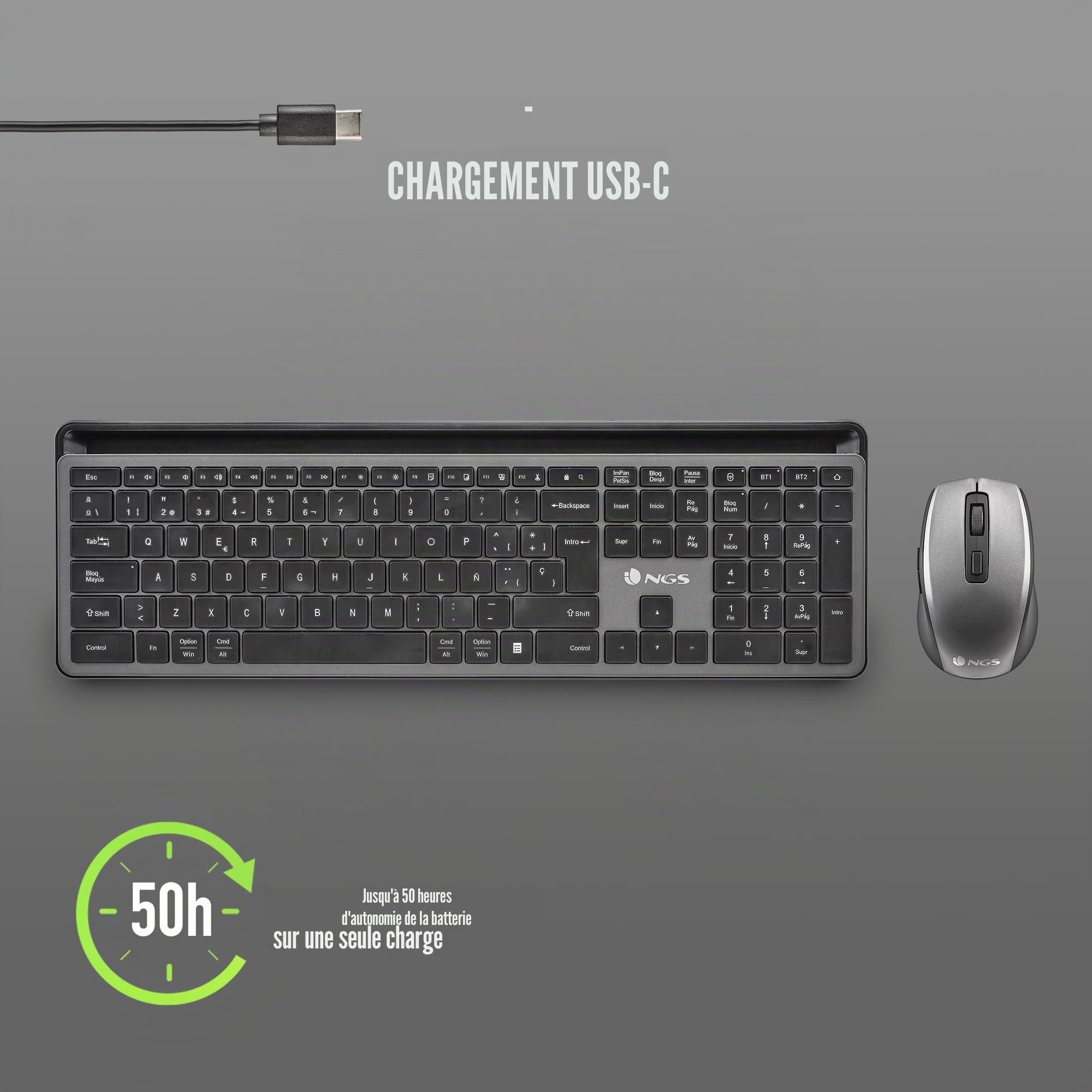 Kit NGS Eclipse - Clavier et Souris QWERTY sans Fil espagnols, Rechargeable, 12 Touches multimédias, multidispositif, DPI 800/1200/1600, Design Minimaliste