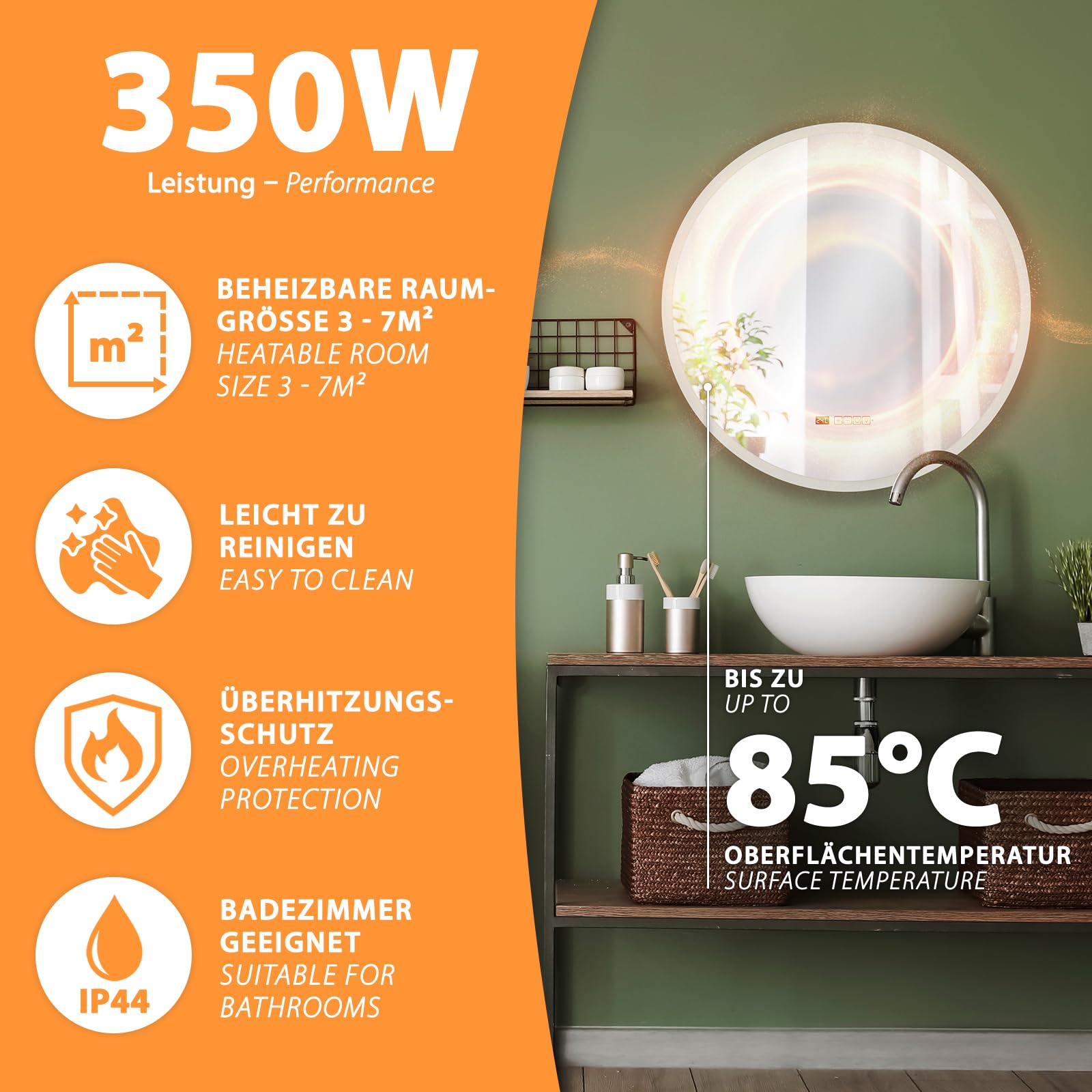 Mi-Heat Specchio riscaldante a infrarossi LM350-Pro, rotondo, diametro 70 cm, 350 W, con luce, termostato Tuya Smart App Controllo, specchio da bagno, illuminazione LED a infrarossi,