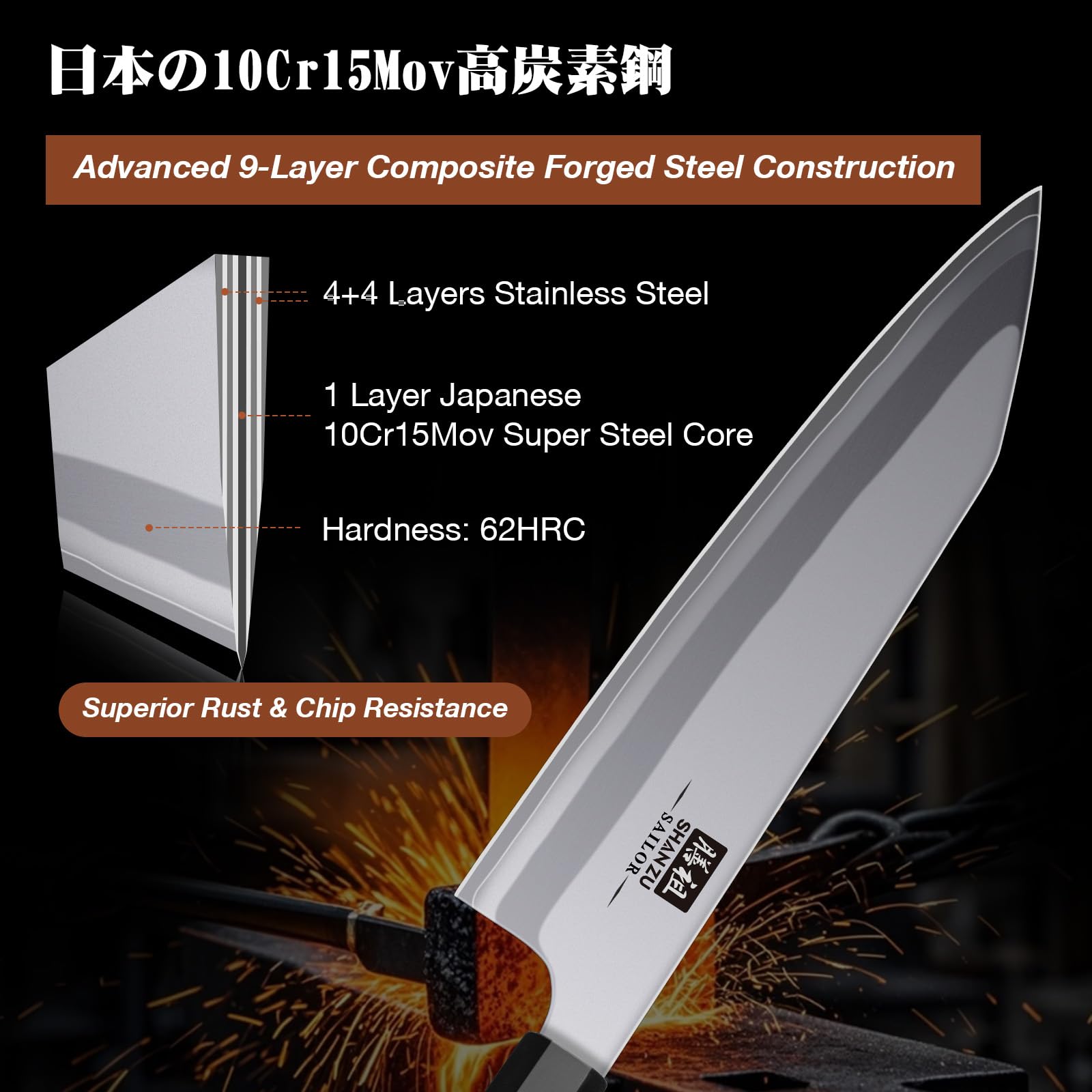 SHAN ZU 8 Inch Japanese Chef Knife, 9 Layers 10Cr15MoV High Carbon Steel — Amazon image 4