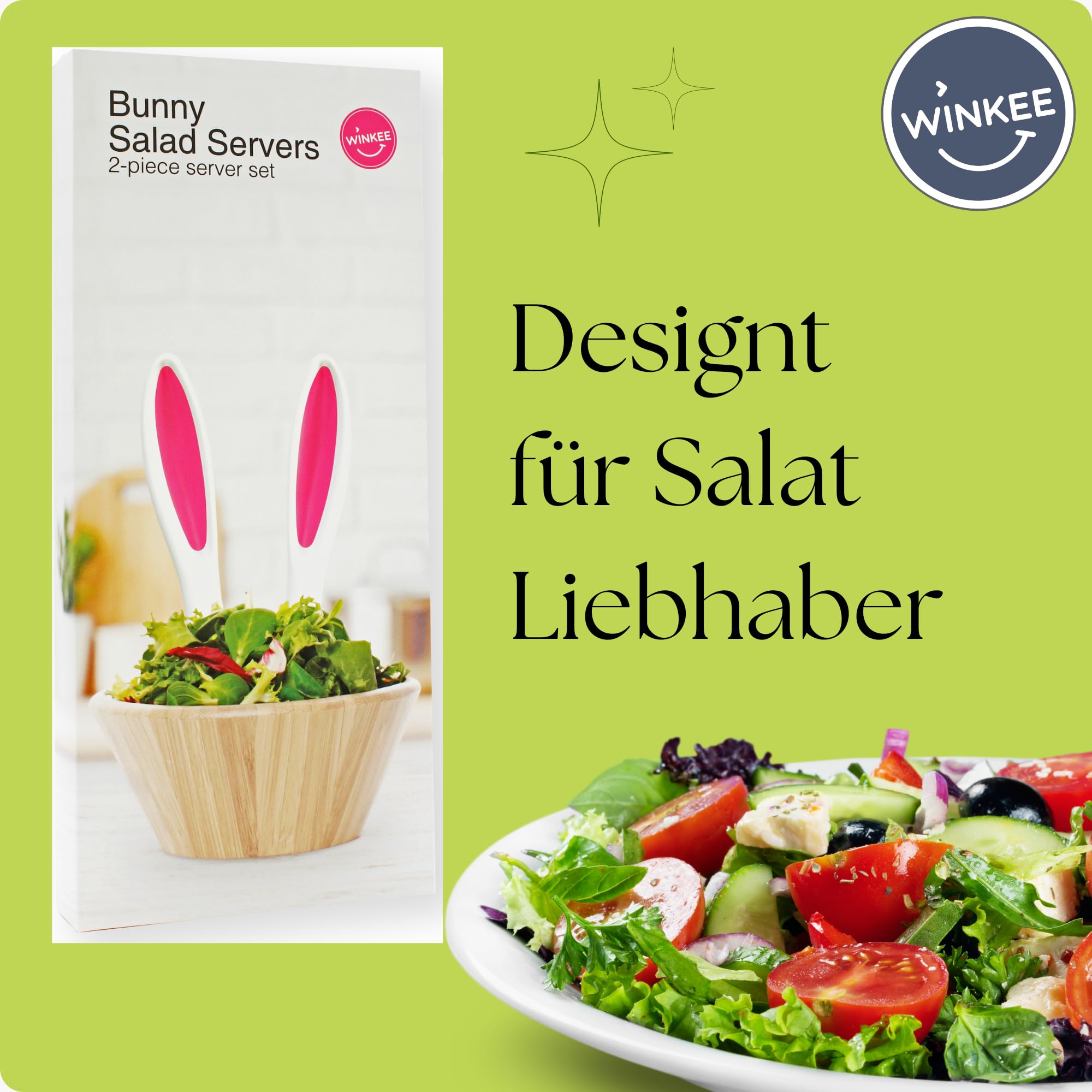 Winkee - Hasenohren Salatbesteck I Hasenohren im Salat I Total süßes Salat Besteck aus Kunststoff I Servierbesteck für Salat