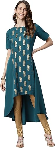 Janasya Kurta de crepé polivinílico verde azulado para mujer india