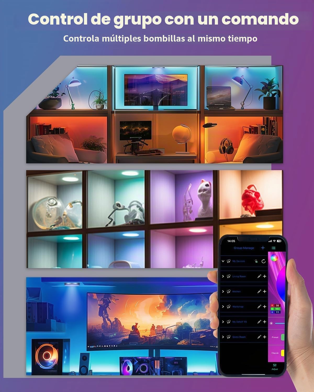 Kit de Iluminación Bajo el Gabinete, Luces LED RGB Inteligentes con Control Remoto, Control de APP, Sincronización de Música, Modos de Escena, Luces LED de Cambio de Color