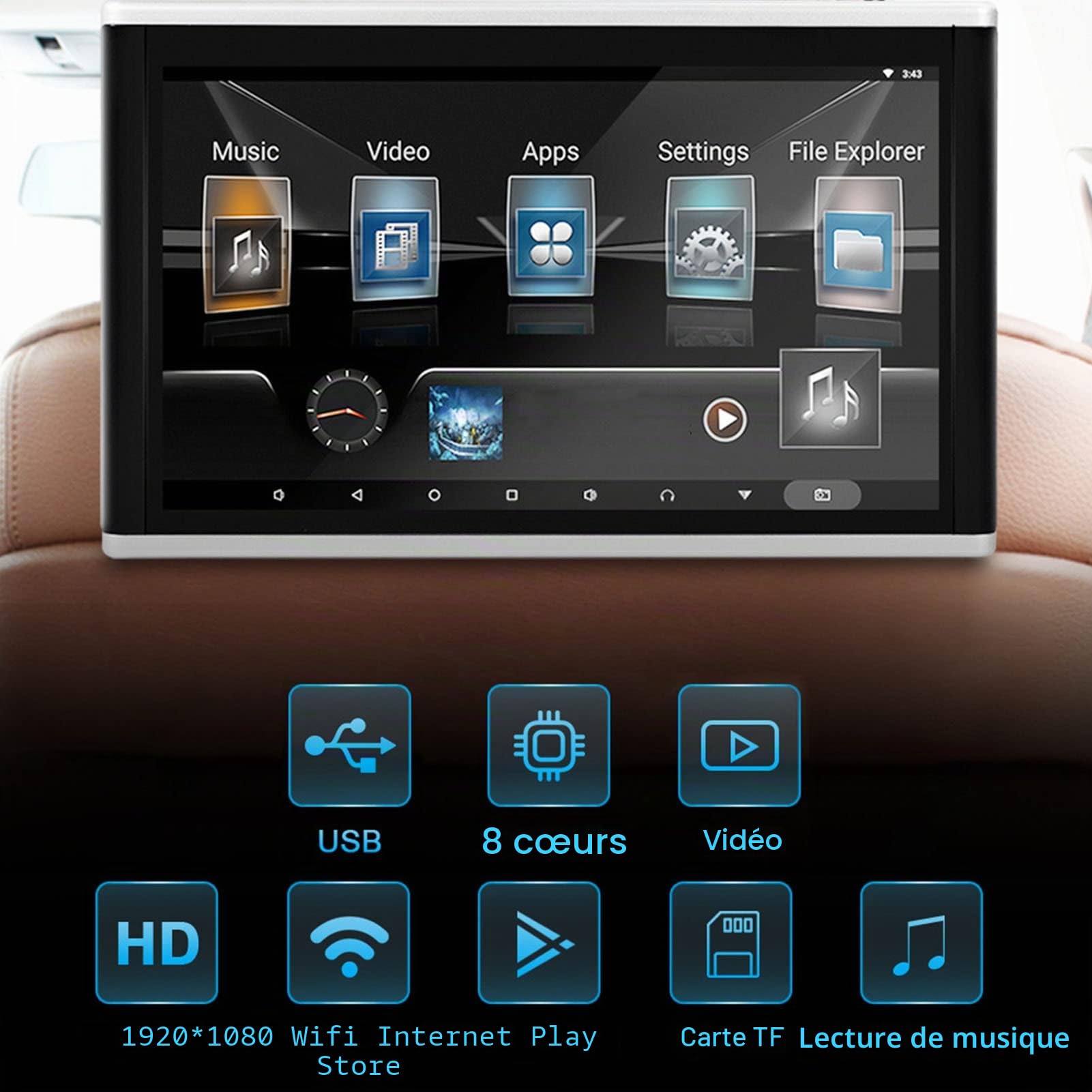 Moniteur d'appui-tête de Voiture, appuie-tête à écran Tactile Facile à Installer pour Lecteur DVD pour Android 9.0