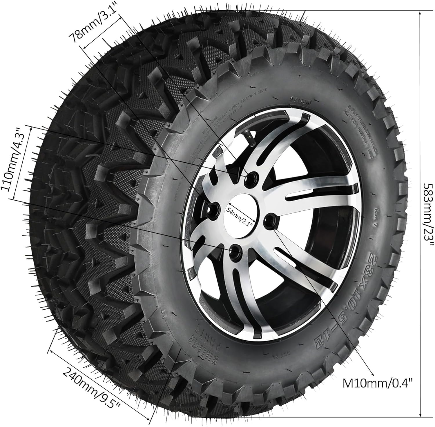 23x10.5-12 Go Kart Tire and Wheel 4 Bolts Patterm + Black Rear Wheel Hubs 6Ply for ATV UTV Drift Trike Quad Buggy Snowmobile Snow Blower