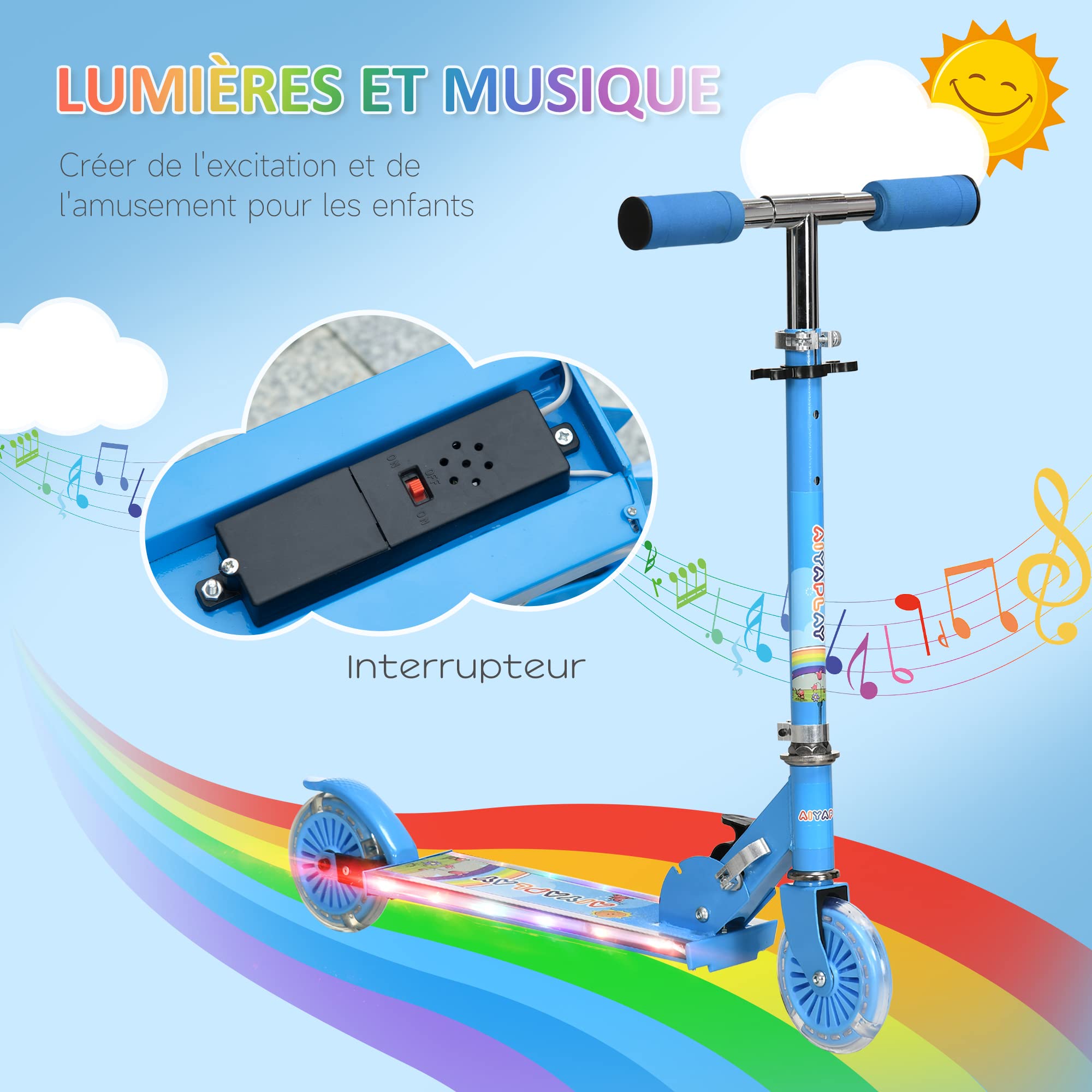 HOMCOM Trottinette pour Enfants de 3 à 7 Ans, Roues légères et Pliables en PU, 12 lumières LED, Musique, 4 Niveaux de réglage de la Hauteur du Guidon, Frein à Friction, Bleu