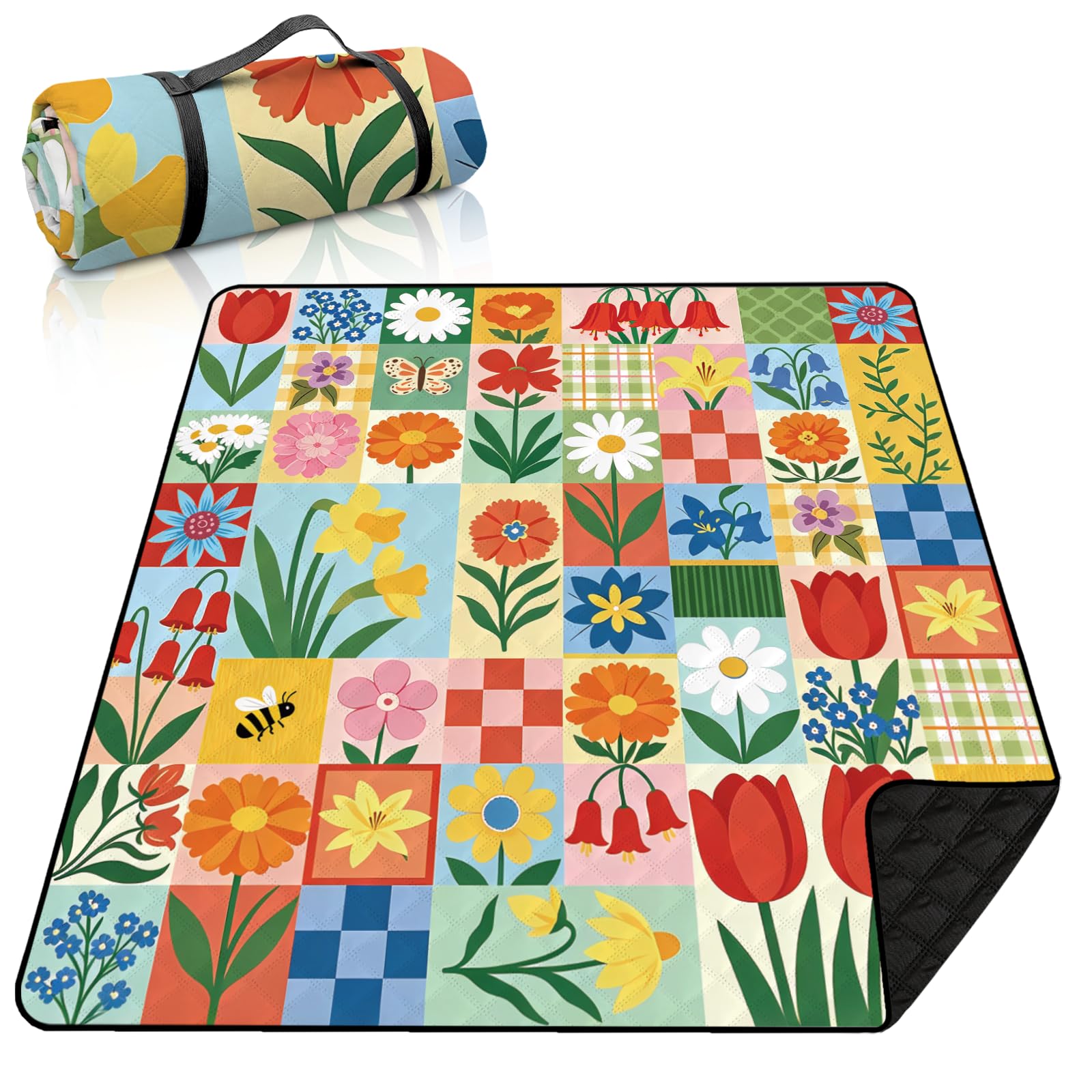 MAYJOYDIY Couverture de Pique-Nique Extra Grande Florale 2x2m Couverture de Plage imperméable à Fleurs de Papillon Pissenlits Tulipes Tapis de Pique-Nique Pliable avec Sangle de Transport