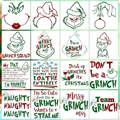16 Pcs Christmas Grinch Stencils Reusable Christmas Stencil Templates Christmas Holiday Wood, Wall, Fabric,Chalkboard, Sign, DIY Art Projects Decoration Cover