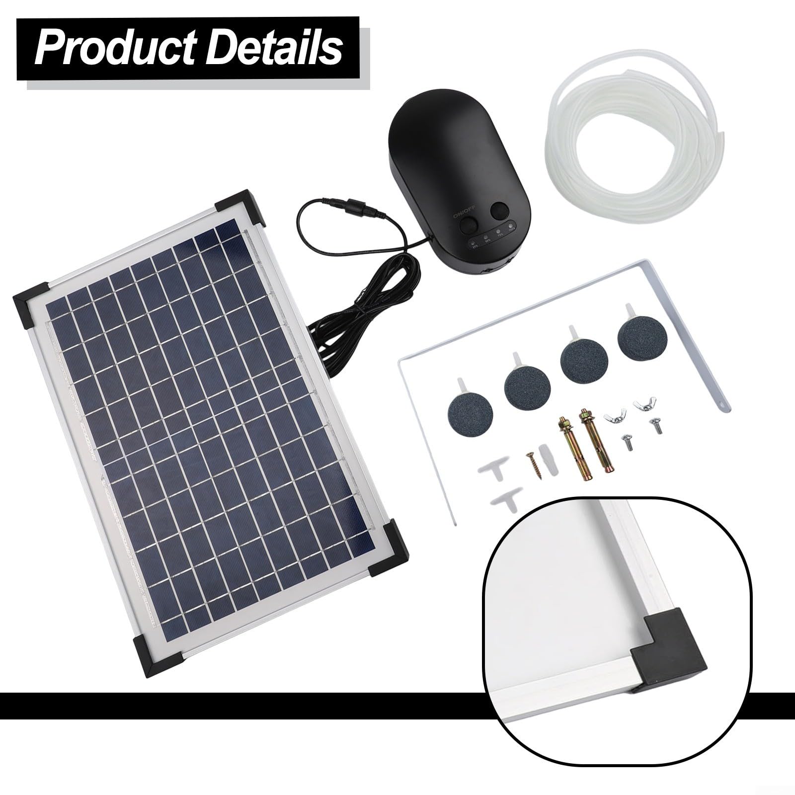 Pompa ad energia solare da 15 W con batteria di riserva, aeratore per acquario a 3 modalità per laghetto, include tubo e pietre porose