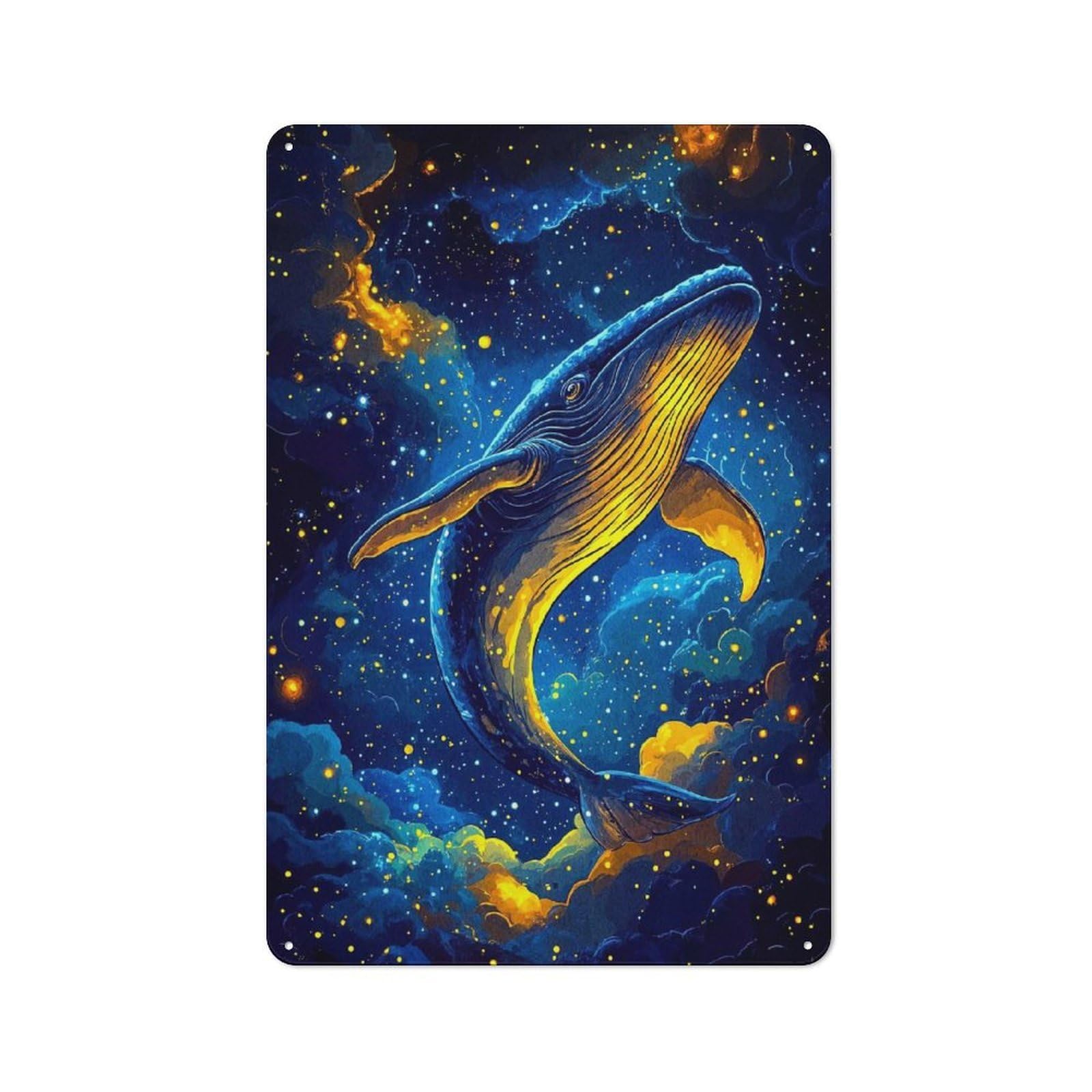 Nostalgic Whale in Space Metal Wall Plaque 30x20cm, Retro Room Decor for Kitchen, Hallway, Bar Or Small Cafe