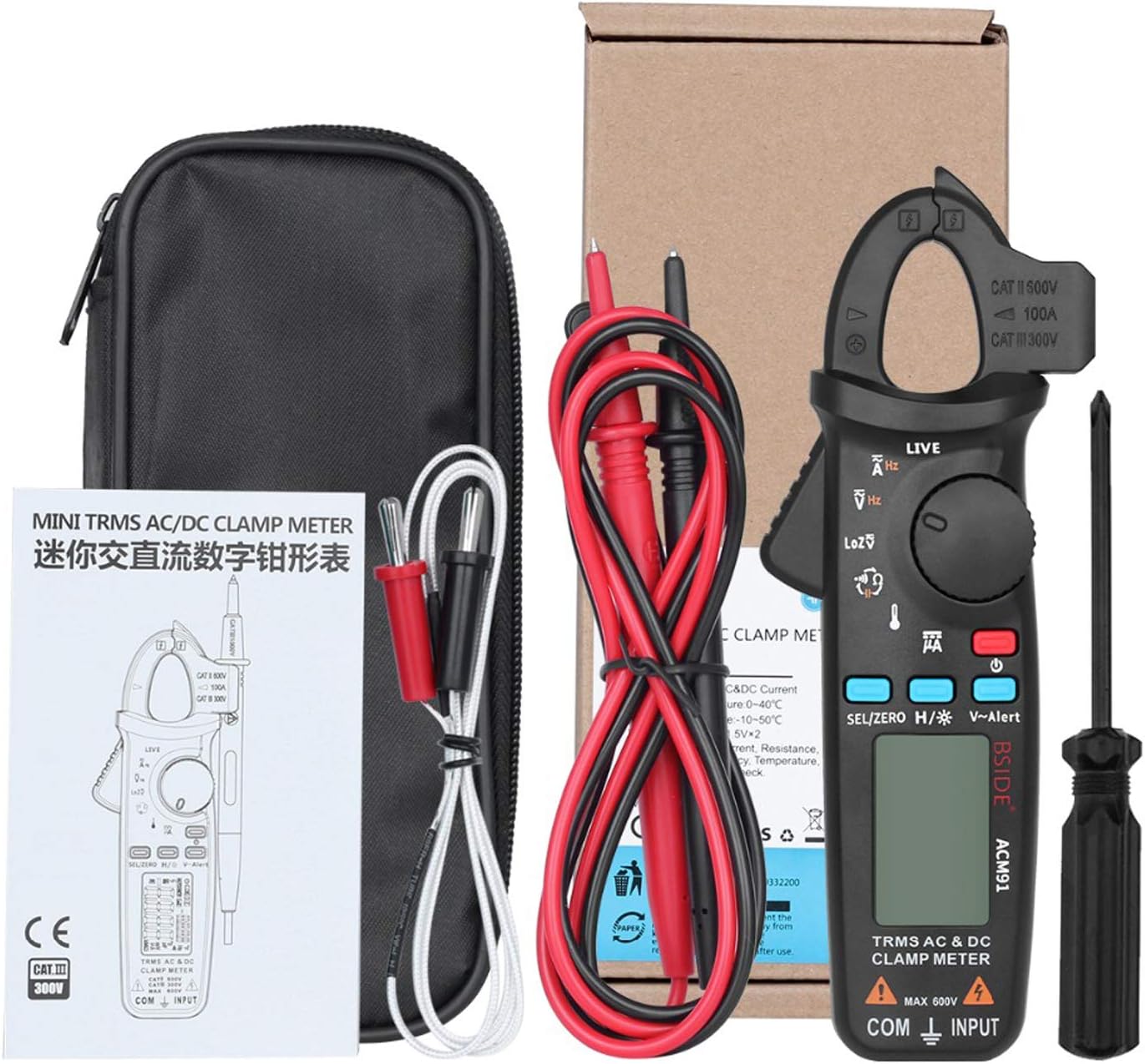ACM91 Clamp Multimeter Digital AC DC Current Clamp Meter True RMS Auto Range 6000 Counts 100 amp Mini Meter With Temperature Capacitance NCV Measure LoZ Volts