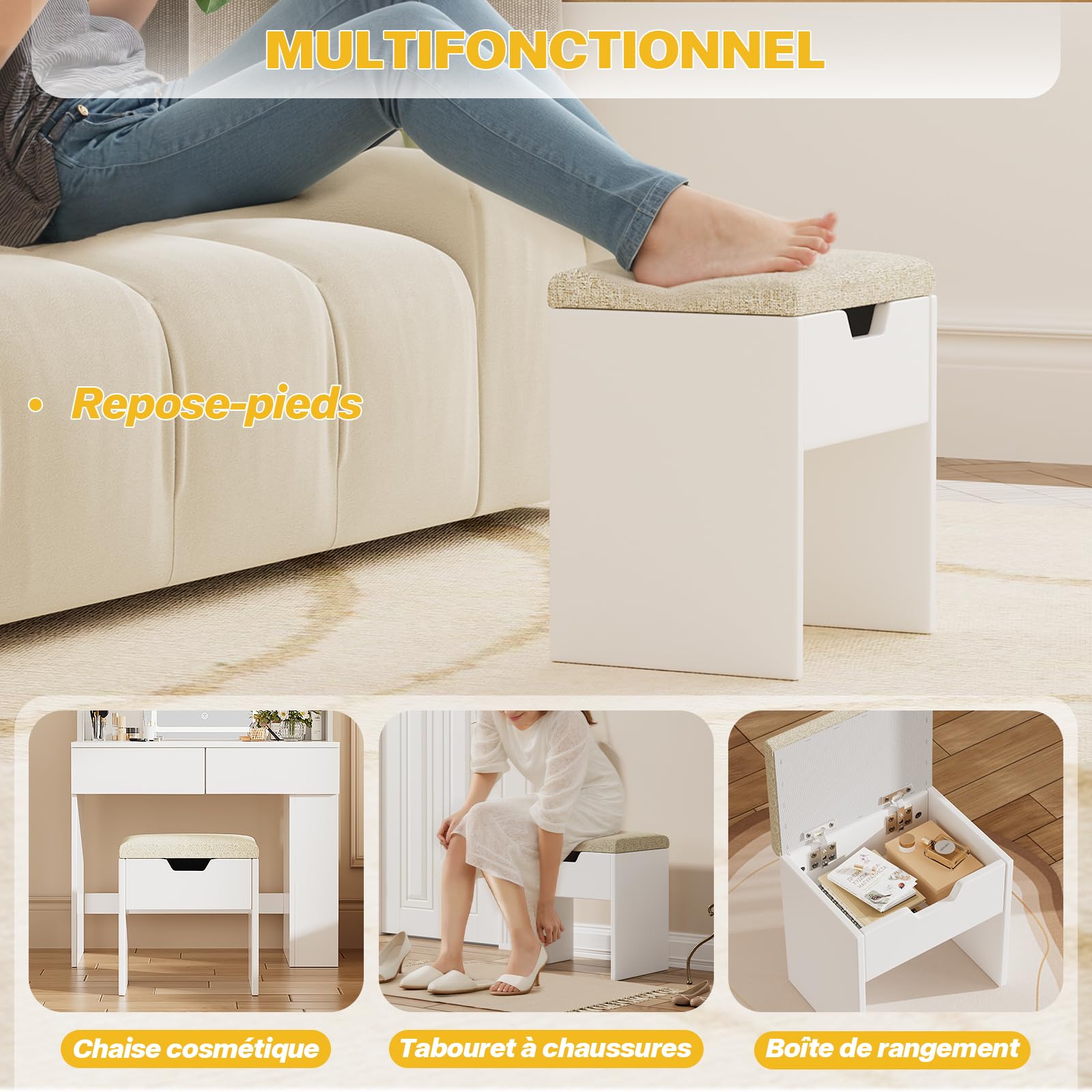 Devoko Tabouret de Coiffeuse avec Rangement, Chaise de Maquillage Rembourrée, Repose-Pieds en Tissu, Respirante et Un Confort, pour Chambre à Coucher, Dressing et l'Entrée, Tabouret Moderne Blanc