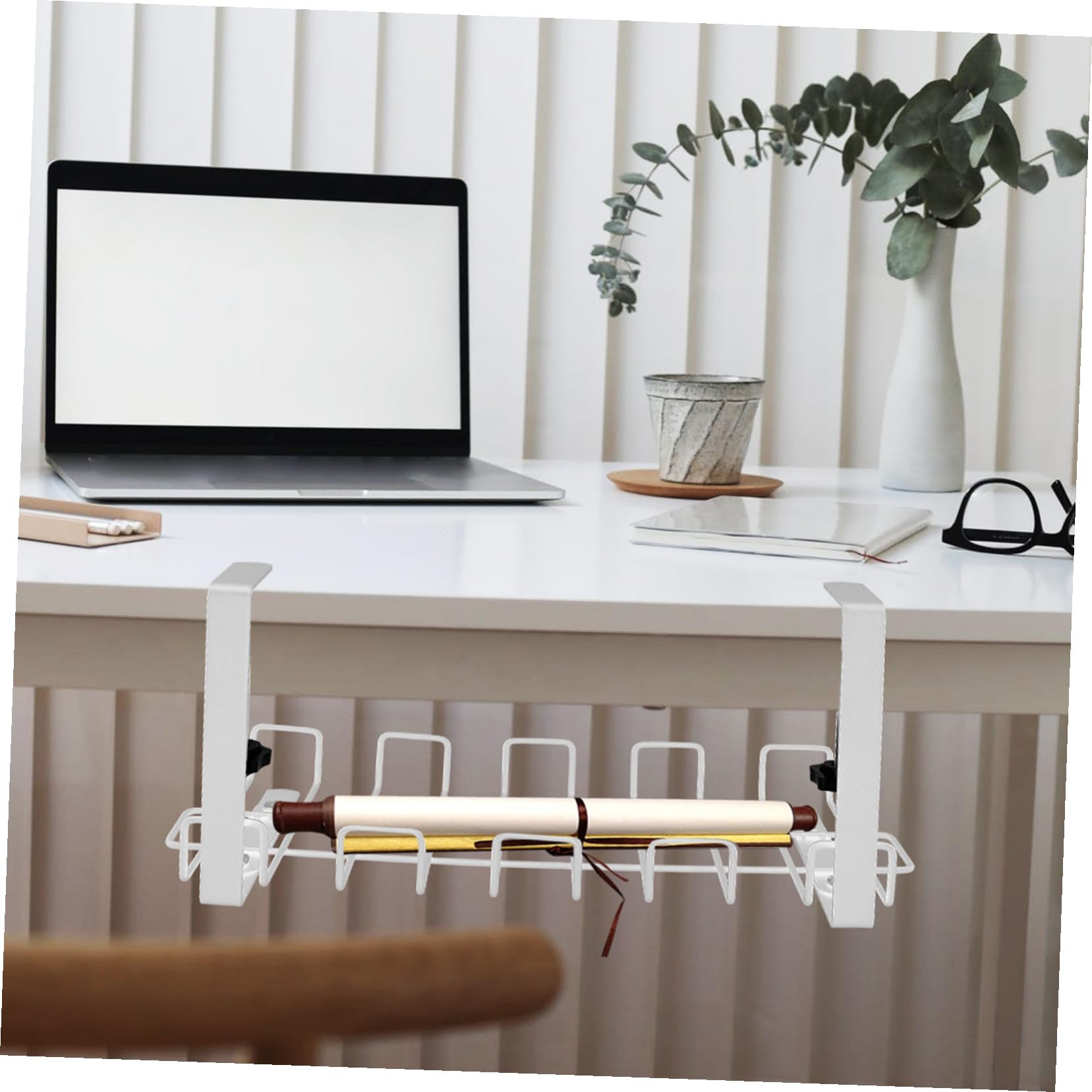 Organiseur Câbles sous Bureau Rangement Suspendu pour Gestion Câbles Bureau Support Cordons Pratique et Facile à Installer Blanc