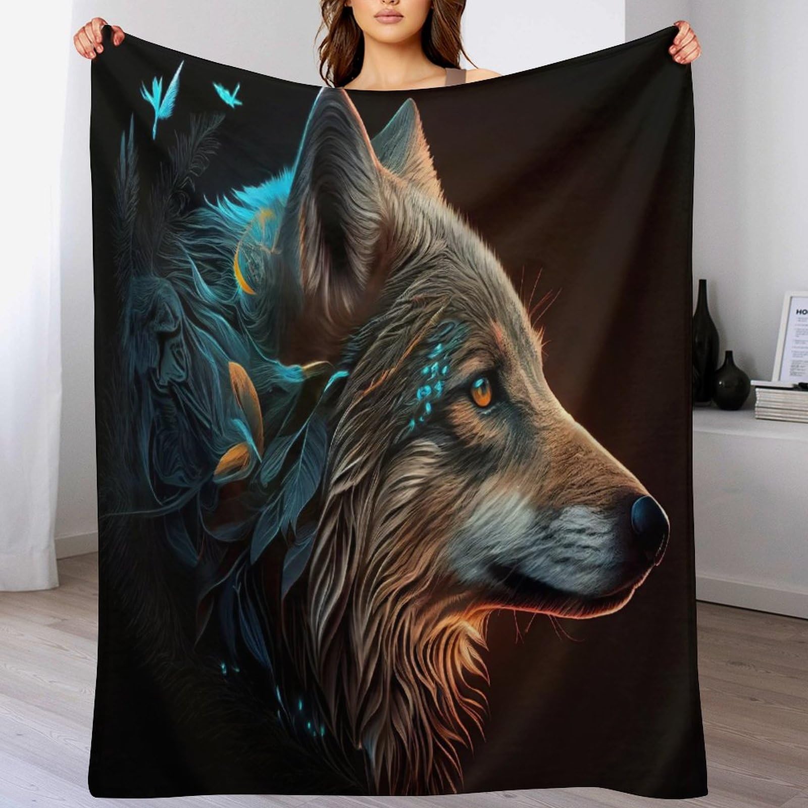 Plaid loup couverture polaire moelleuse pour votre canapé ou lit 100x130cm